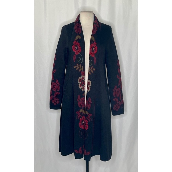 MAXSPORT Black Red Floral Duster Cardigan Sweater Wool Max Sport Knitwear Medium - Picture 3 of 11